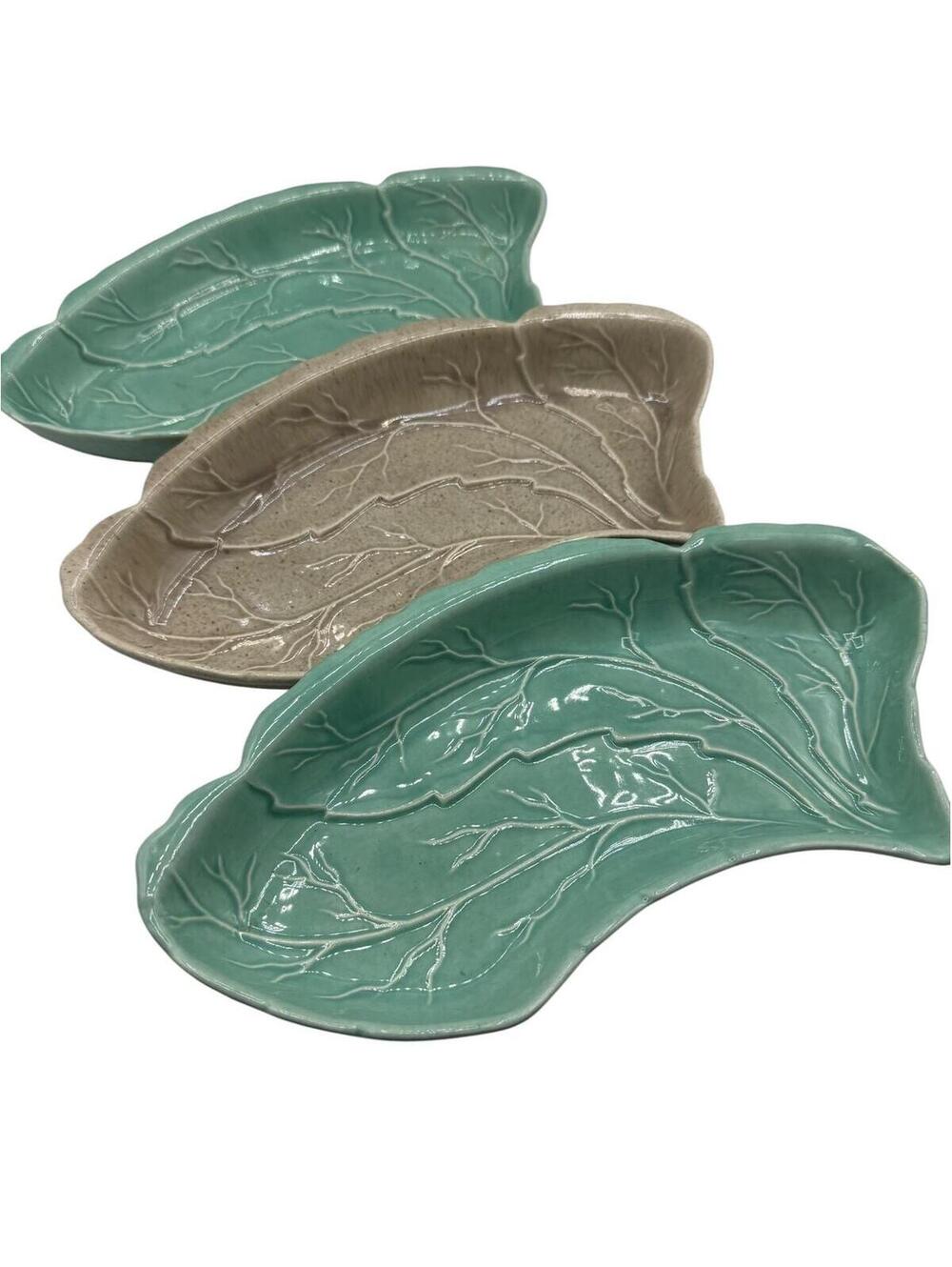 California Pottery Mid Century Leaf Dishes, Mint Green Grey Serving Set